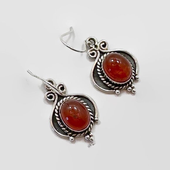 Jewelry - Red Carnelian Earrings, Sterling Silver, Pierced, Red Stone, Dangle Earrings